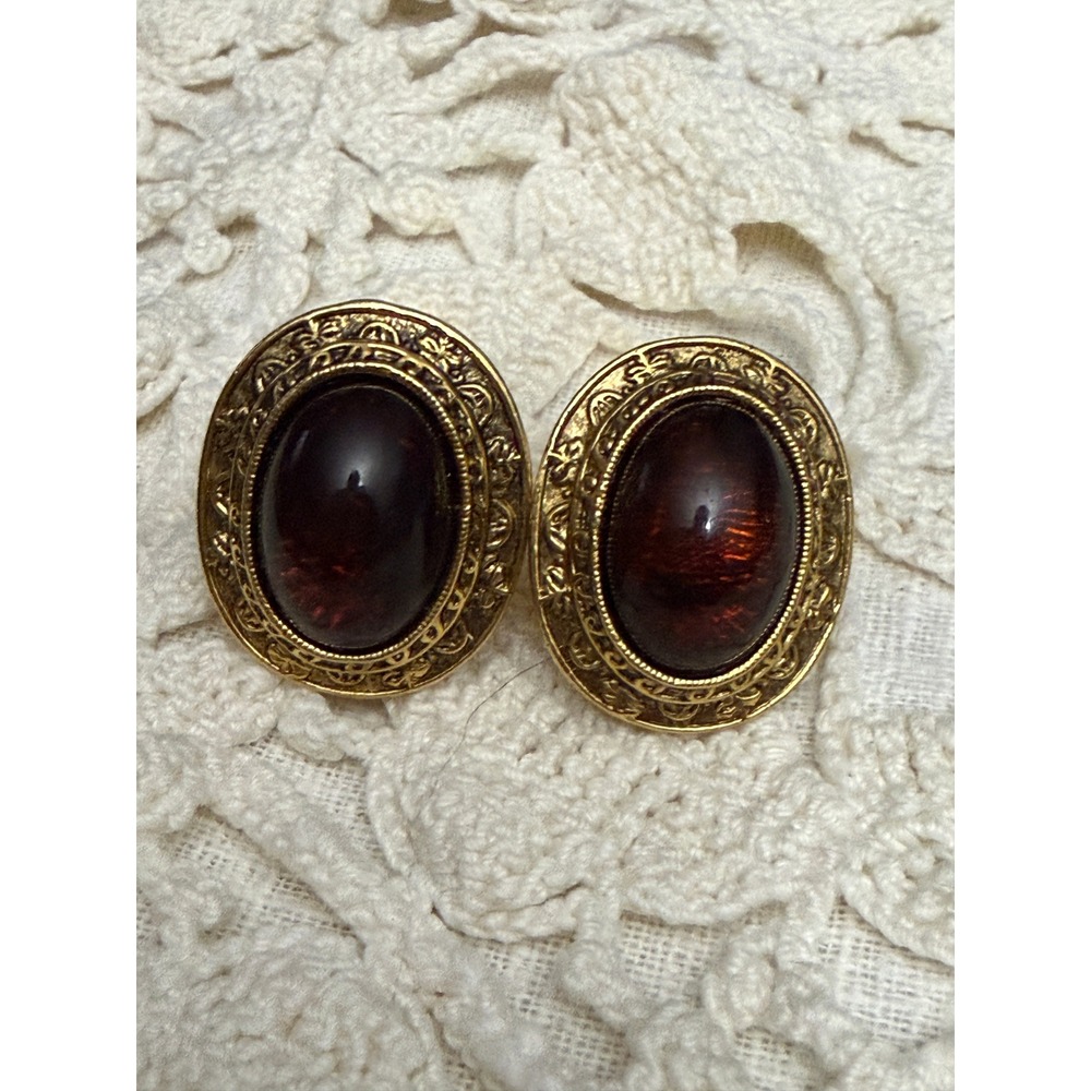 Brown Oval Cabochon Gold Tone Clip On Earrings Ornate Statement